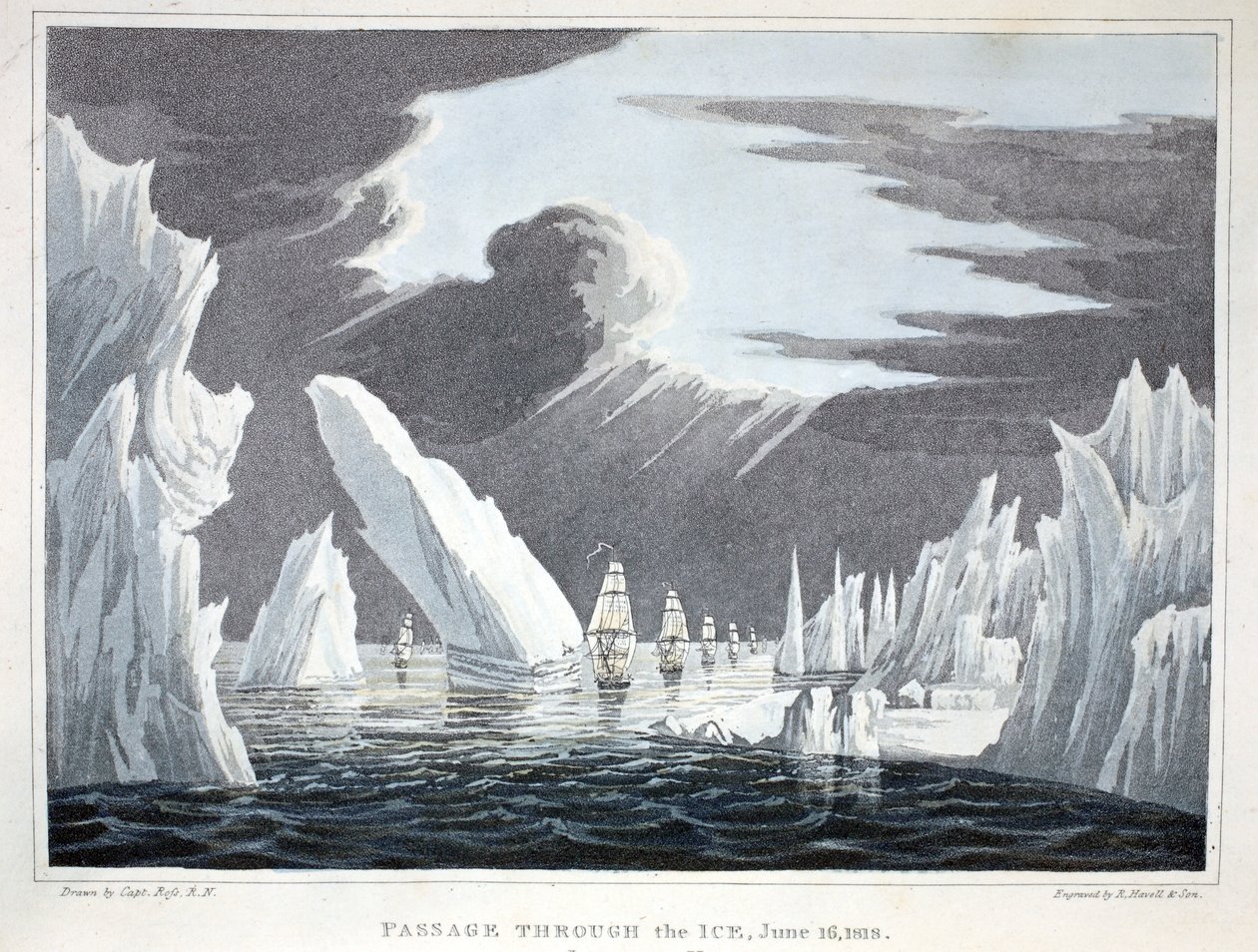 Átkelés a jégen, 1818. június 16., illusztráció az "Egy felfedezőút..." című 1819-es könyvből. alkotó: John Ross