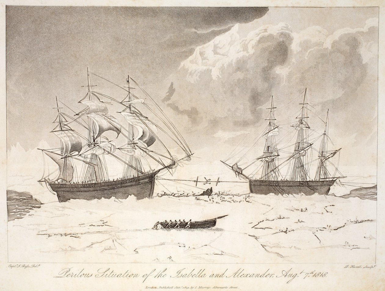 Az Isabella és Alexander veszélyes helyzete, 1818. augusztus 7., illusztráció az "A Voyage of discovery..." című könyvből, 1819 (kézzel színezett metszet). alkotó: John Ross