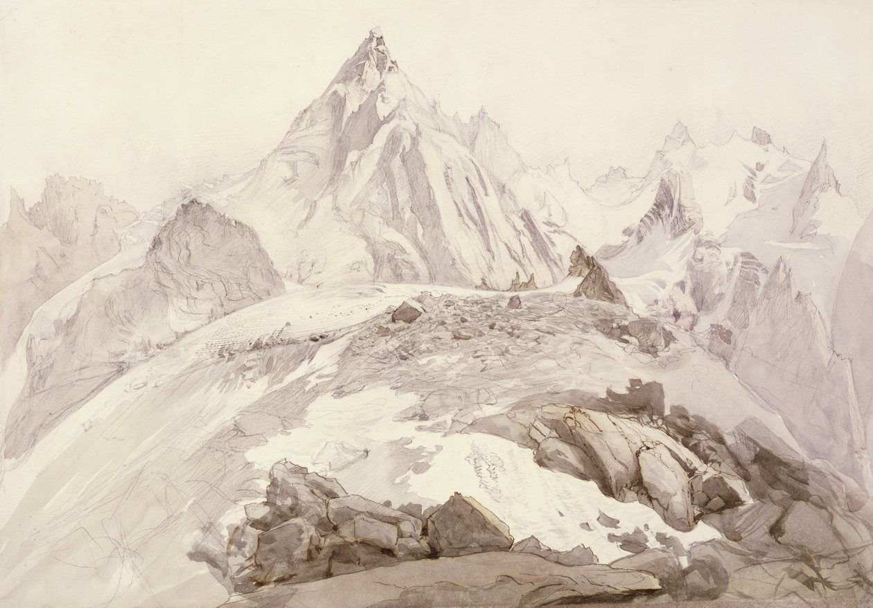 Aiguilles de Chamonix, 1850 körül (ceruza, toll és tinta, valamint kimosható a kártyán) alkotó: John Ruskin