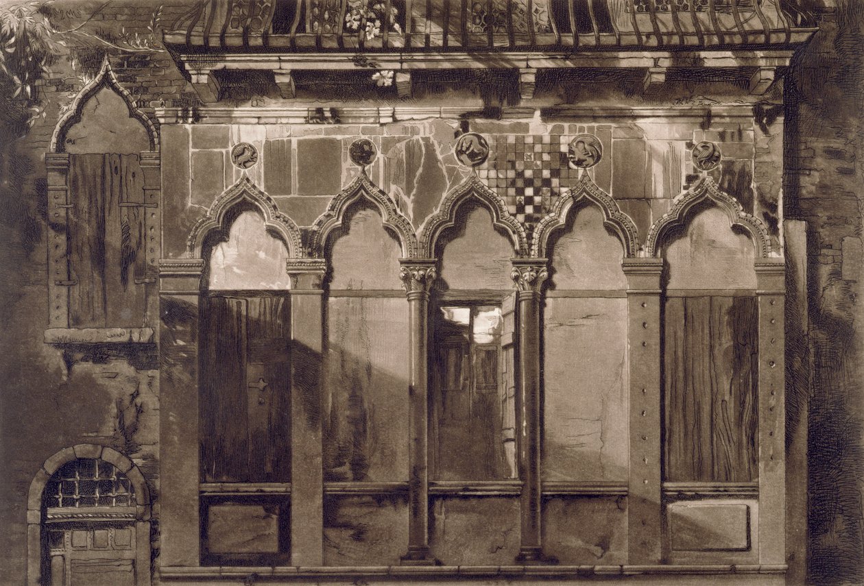 Arab ablakok, In Campo Santa Maria Mater Domini, John Ruskin „Példák a velencei építészetre” című filmből, Thomas Lupton akvatinta, 1851 (akvatinta) alkotó: John Ruskin