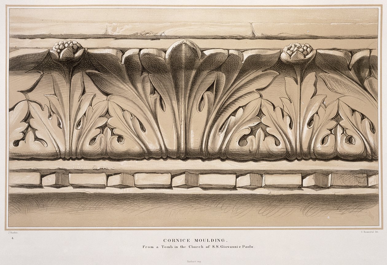 Párkányléc, S. S. Giovanni e Paolo templomának sírjából, John Ruskin „Példák a velencei építészetre” című művéből, metszett G. Rosenthal, 1851 alkotó: John Ruskin