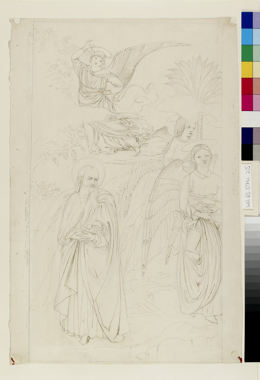 Rajz: Ábrahám elválik az angyaloktól Benozzo Gozzoli Ábrahám és Hágár története című művéből a Camposantóban, Pisa, 1845. május 14-15. (grafitra írt toll és tinta, vászonpapírra). alkotó: John Ruskin