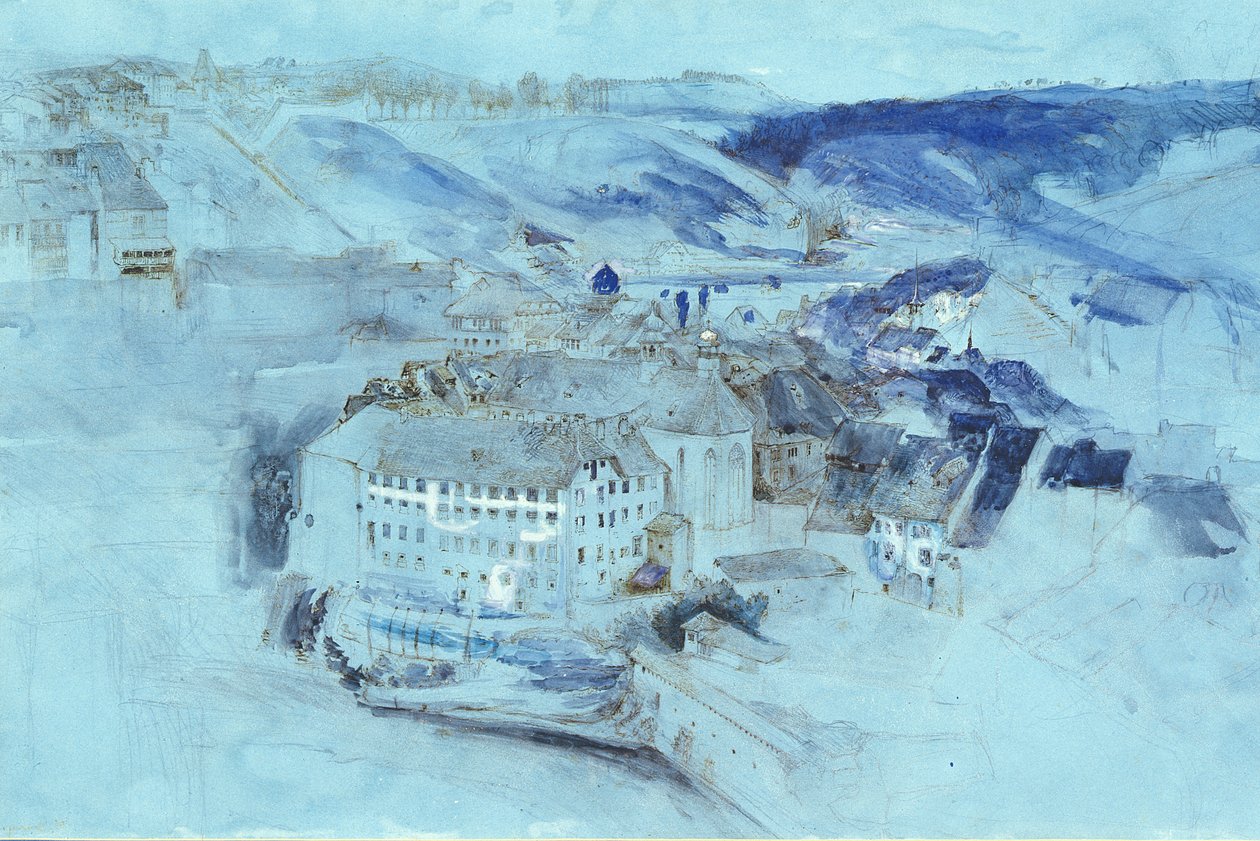 Fribourg (WC és gouache kék papíron) alkotó: John Ruskin