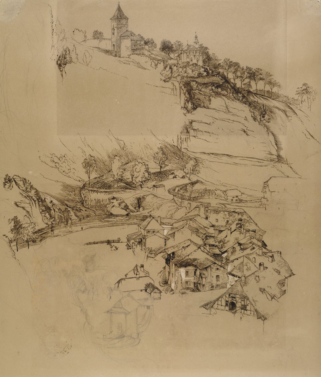 Fribourg, Svájc: Tollvázlat, 1856. július vagy augusztus - szeptember (toll és grafit fehér testszínnel barna szőtt papíron) alkotó: John Ruskin