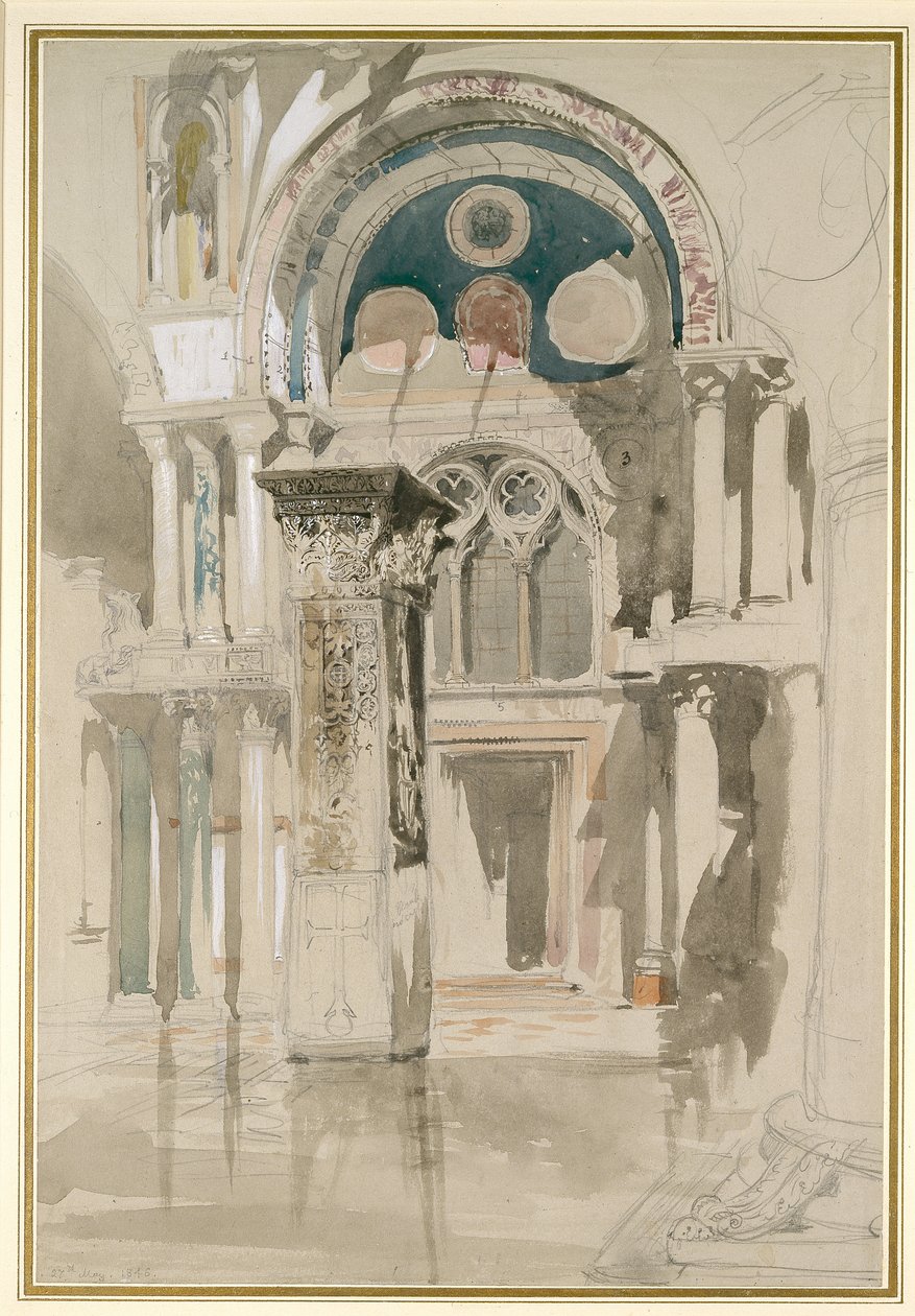 A velencei Szent Márk-bazilika része: Vázlat eső után, 1846. május 27. (akvarell és testfesték, valamint tinta grafit felett szürke szőtt papíron) alkotó: John Ruskin