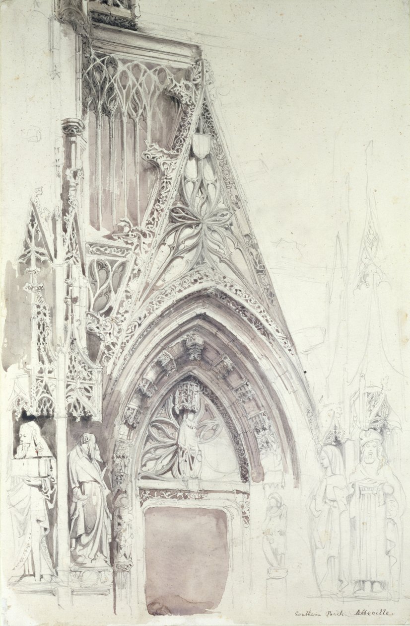 St. Vulfran déli tornáca, Abbeville, 19. század (ceruza, tinta és mosás papíron) alkotó: John Ruskin