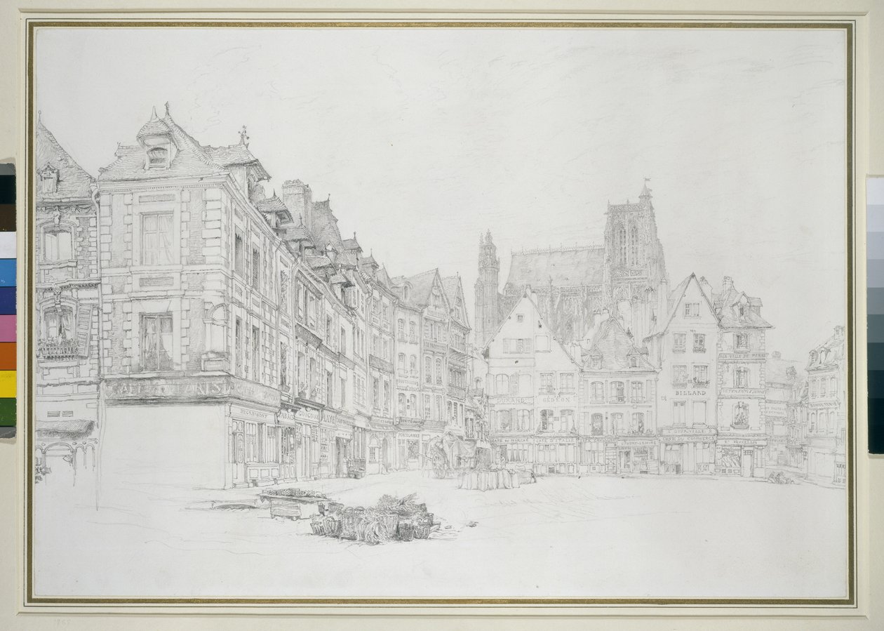Tanulmány a Market-Place részleteihez, Abbeville, 1868. szeptember-október, grafit törtfehér papíron alkotó: John Ruskin