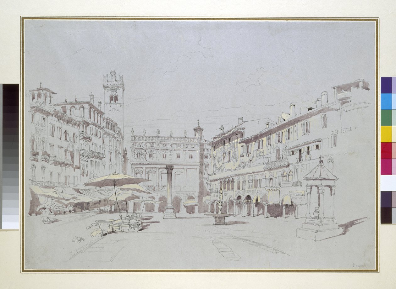 Tanulmány a Piazza delle Erbe részletéhez, Verona, 1841. május 19. grafit akvarellel és testfestékkel szürke papíron alkotó: John Ruskin