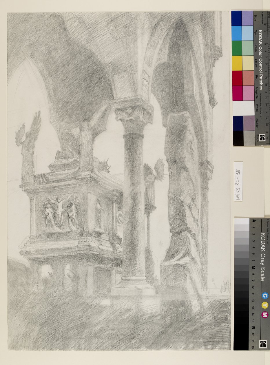 Tanulmány Chiaroscuro tábornoknak a szarkofágról és Mastino II della Scala sírjának lombkoronájáról Veronában, c. 1869 (grafit papíron) alkotó: John Ruskin