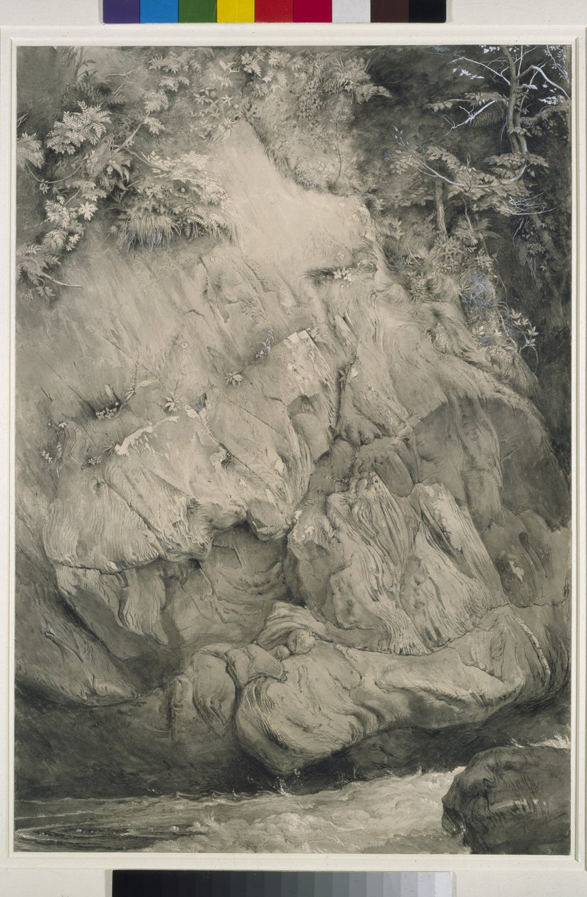 Study of Gneiss Rock, Glenfinlas, 1853-54 (toll, mosás és gouache papíron) alkotó: John Ruskin