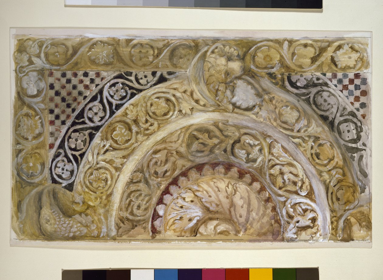 Tanulmány egy panelről a keresztelőkápolna betűtípusáról, Pisa, 1872. április 27–29. (akvarell és testfesték grafit felett, szőtt papíron) alkotó: John Ruskin