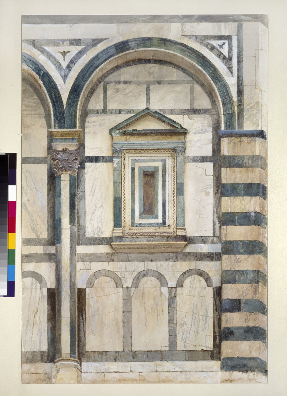 Keresztelőkápolna, Firenze: A jobb oldali rekesz felső részének tanulmányozása a délnyugati homlokzaton, 1872. június 1-14 (akvarell és testfesték grafit felett, szövött papíron) alkotó: John Ruskin