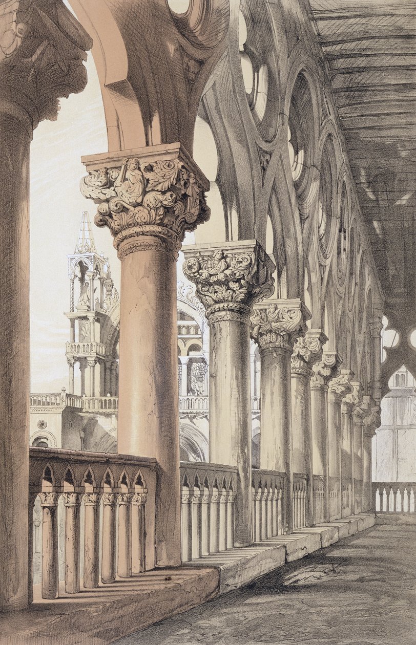 A hercegi palota, a loggia reneszánsz fővárosai, John Ruskin „Példák a velencei építészetre” című művéből, G. Rosenthal metszet, 1851 alkotó: John Ruskin