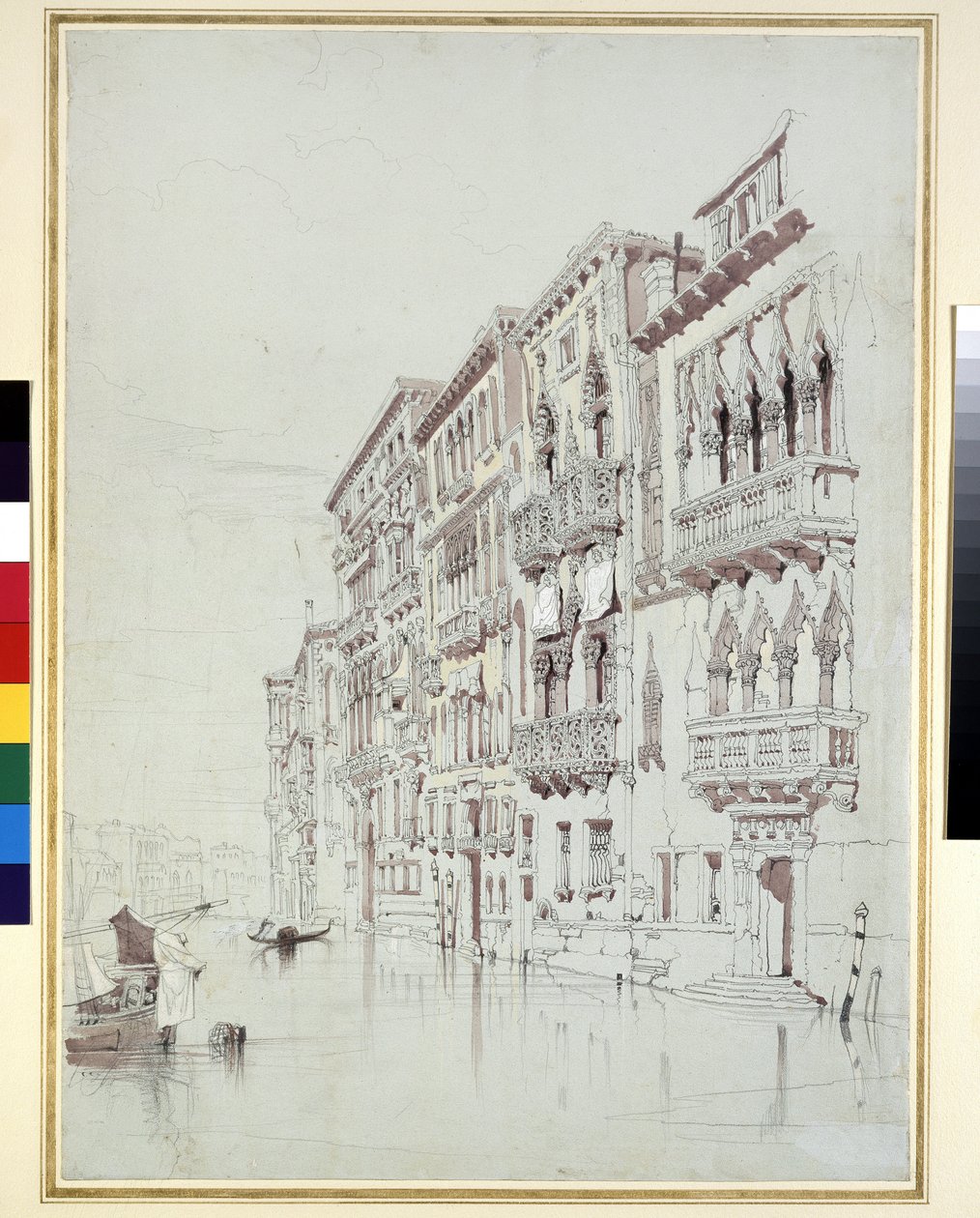 A Palazzo Contarini-Fasan, Velence, 1841. május 6-16. (grafit, akvarell és testfesték, néhány karcolással, szürke papíron) alkotó: John Ruskin