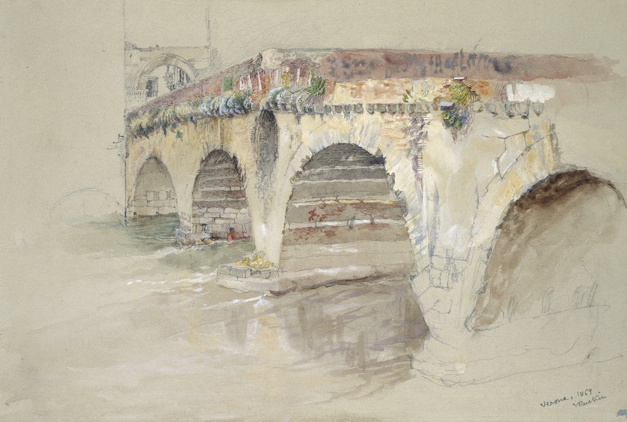A Ponte della Pietra, Verona, 1869. június 14-17. (akvarell és testfesték grafitra, szürke vattapapírra) alkotó: John Ruskin