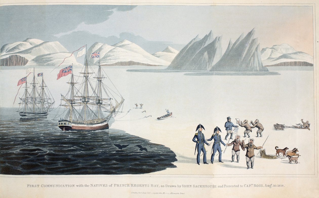 Első kommunikáció a Regents Bay bennszülötteivel 1818. augusztus 10-én, illusztráció az A Voyage of Discovery... című filmből, 1819 színes litho alkotó: John Sackhouse