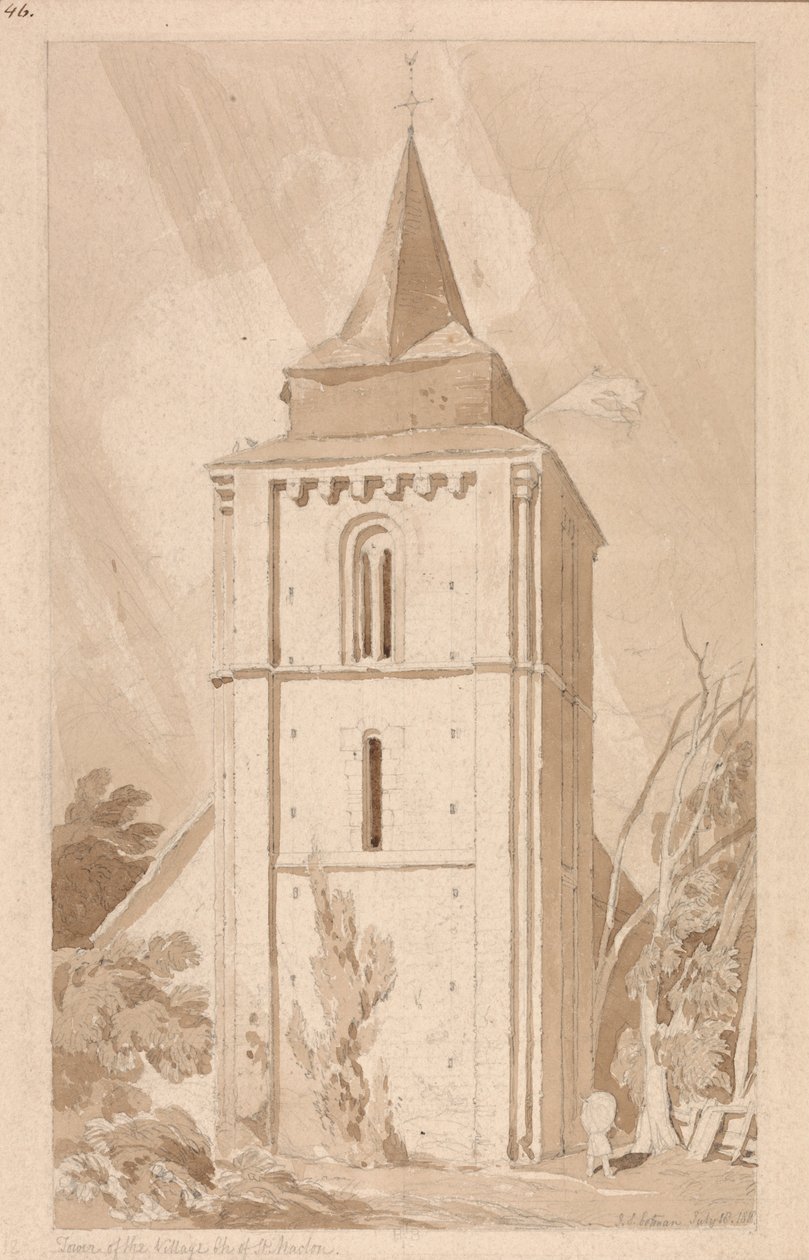 A falu templomának tornya, a Saint Maclou, Normandia alkotó: John Sell Cotman