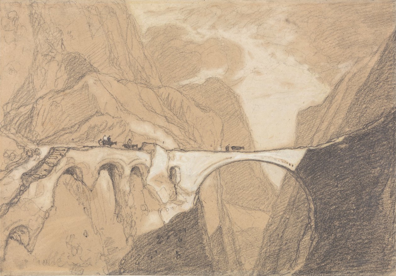 Utasok, akik átkelnek a hídon egy alpesi szurdokon alkotó: John Sell Cotman