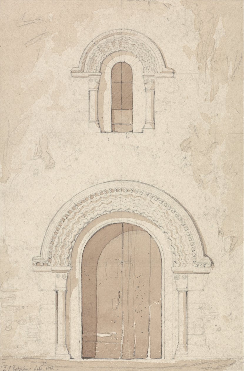 Nyugati ajtó és ablak a Ham -templomban Valognes közelében, Normandia alkotó: John Sell Cotman