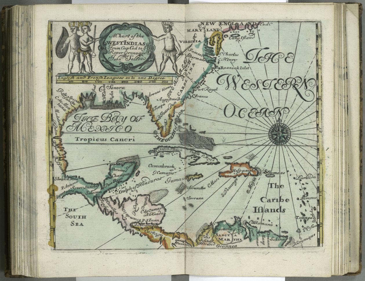 Nyugat-Indiák diagramja Cape Codtól az Oronoque folyóig az Atlas maritimustól John Sellertől, 1682 (kézzel színezett metszet) alkotó: John Seller