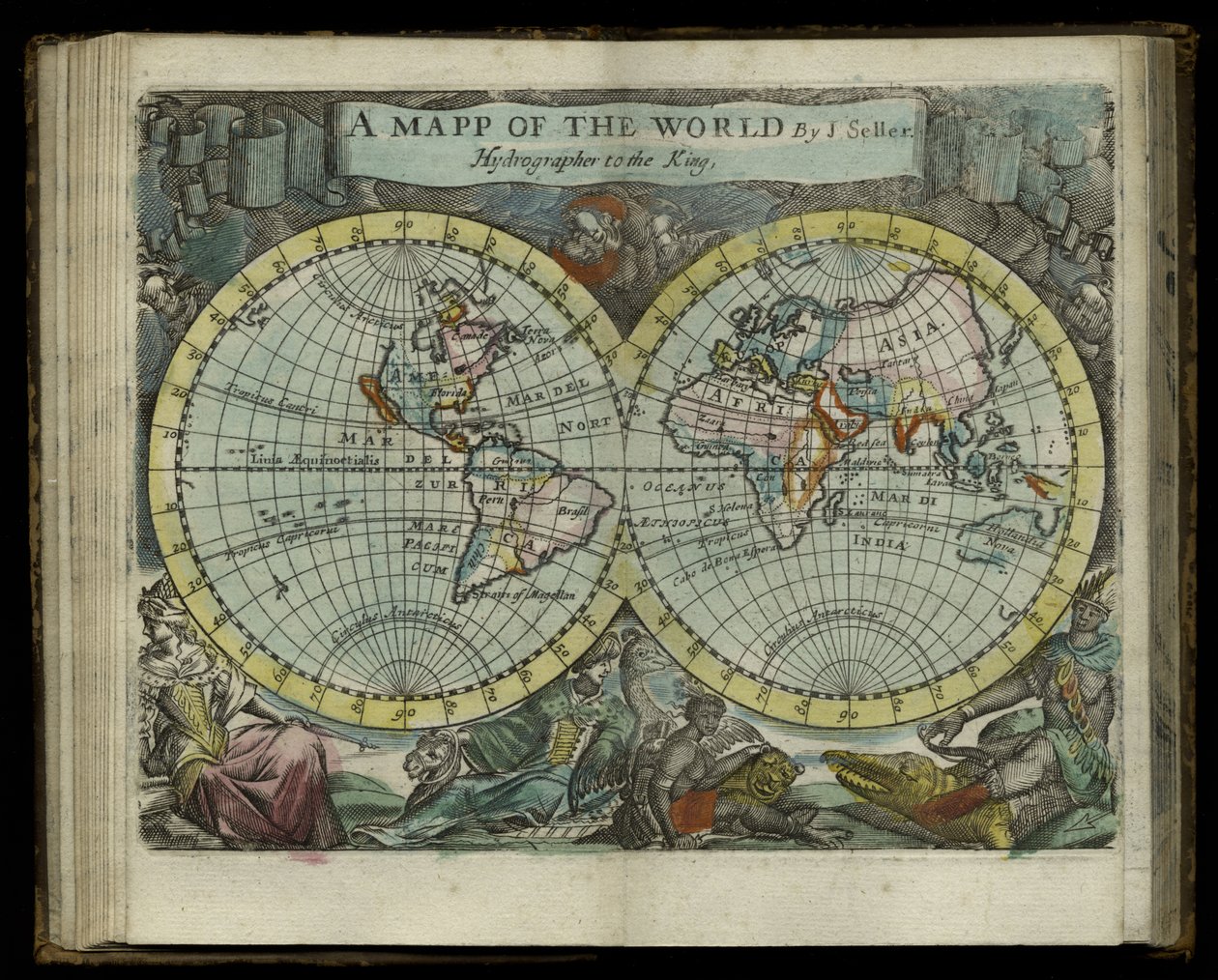 John Seller Atlas maritimus világtérképe, 1682 (kézzel színezett metszet) alkotó: John Seller