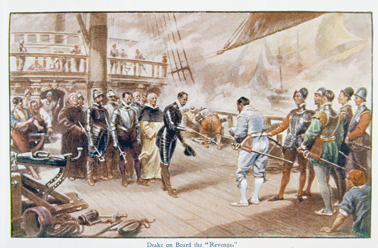 Sir Francis Drake (1540-96 körül) a "Revenge" fedélzetén, illusztráció a Richard Wilson által szerkesztett "Lives of Great Men Told by Great Men" című könyvből, 1920-as évek körül. alkotó: John Seymour Lucas