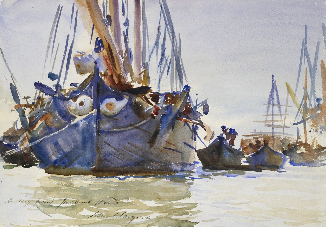 Olasz vitorlás hajók horgonynál (akvarell grafittal, durva papíron) alkotó: John Singer Sargent