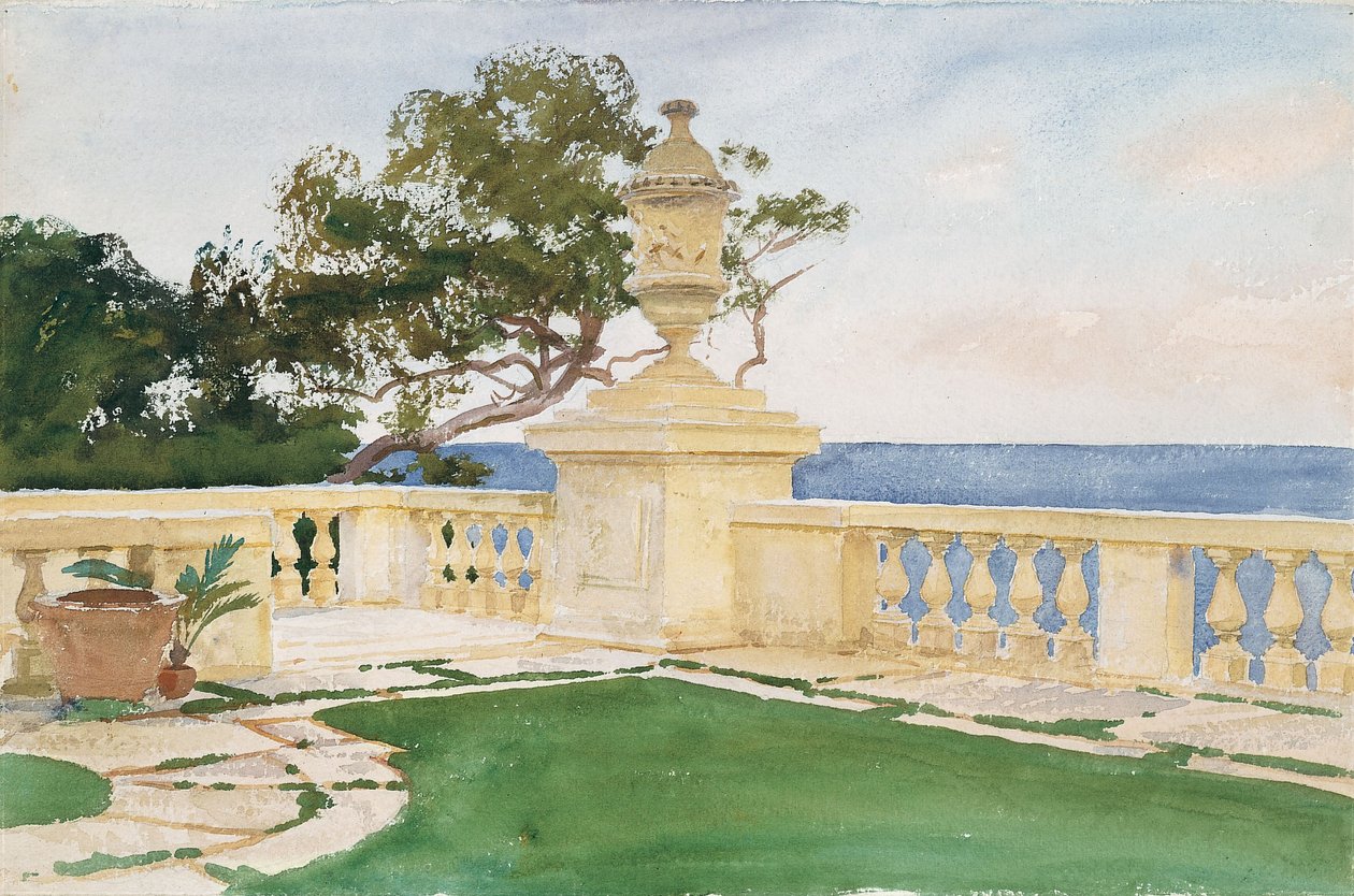 Terasz, Vizcaya, 1917 (wc és grafit fehér szőtt papíron) alkotó: John Singer Sargent