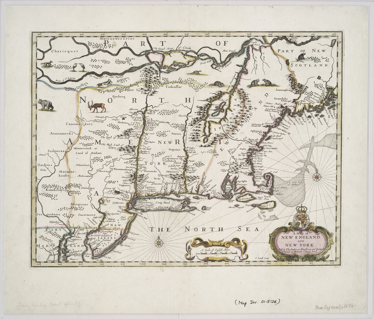 New England és New York térképe, John Speed Theatre of the Empire of Great Britain, 1676 (színes nyomtatás) alkotó: John Speed