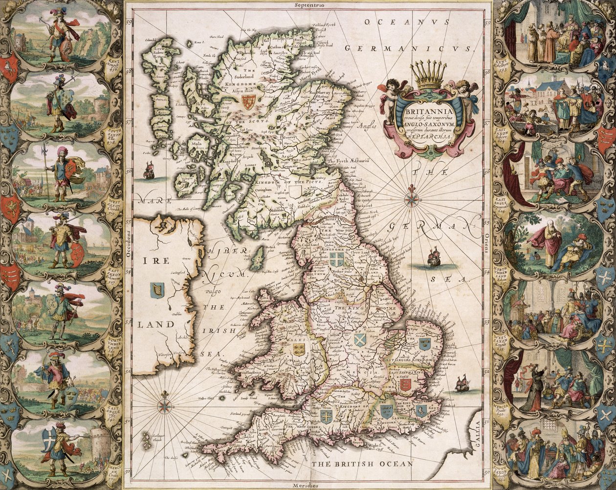 Nagy-Britannia, ahogy az angol szászok idejében elhatározták, 1616 (színes metszet) alkotó: John Speed