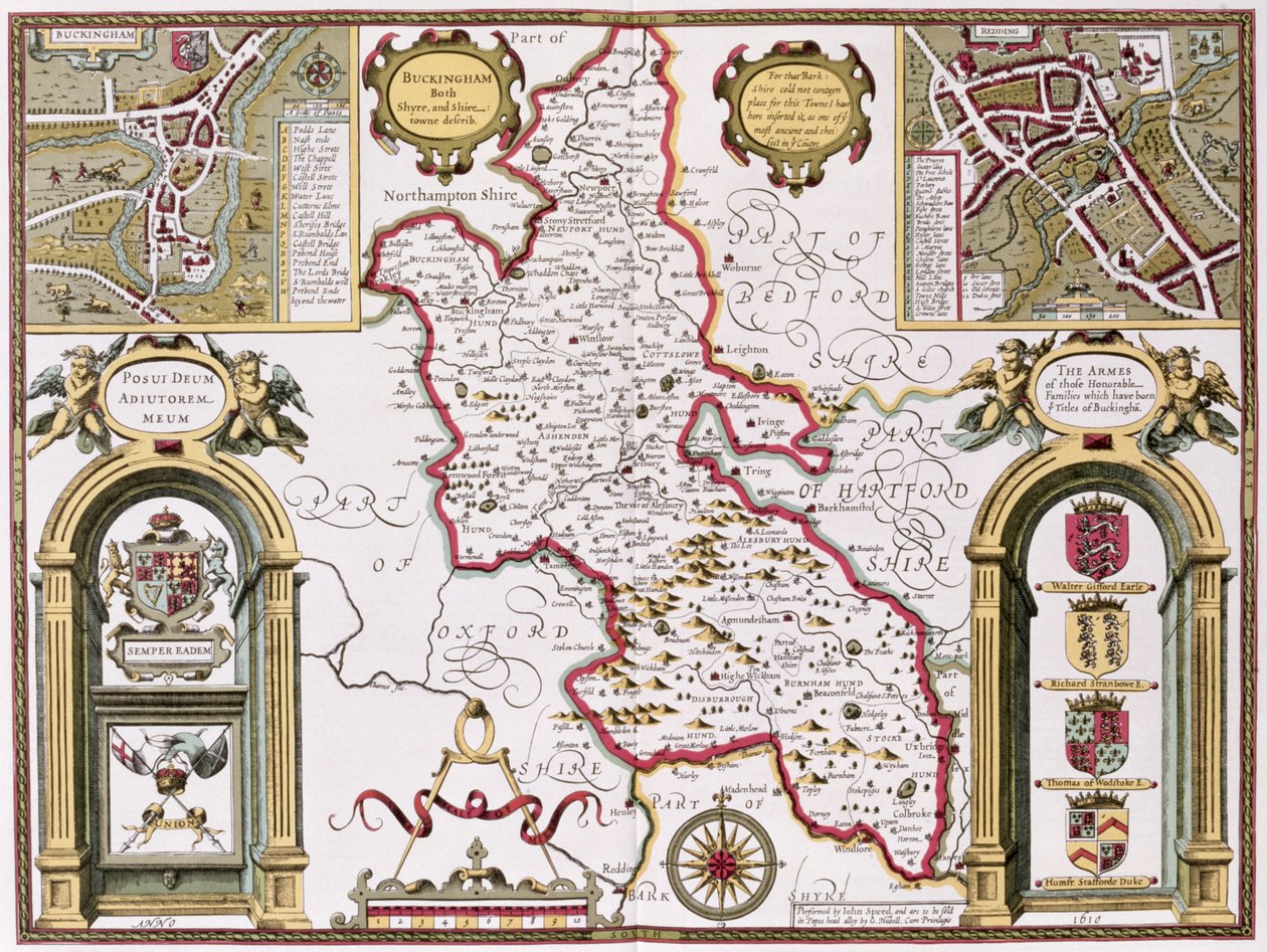 Buckinghamshire, Jodocus Hondius (1563-1612) metszete, John Speed „Theatre of the Empire of the Great Britain”, kocsma. John Sudbury és George Humble, 1611-12 (kézzel színezett rézmetszet) alkotó: John Speed