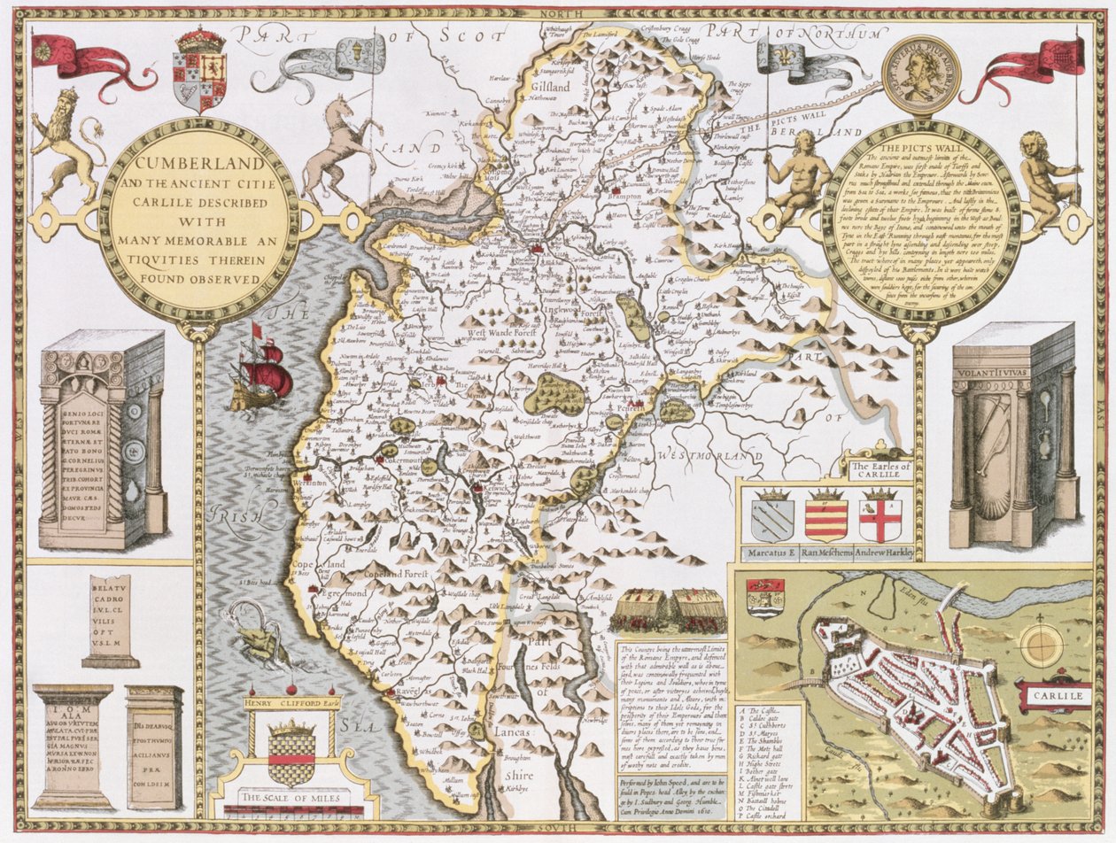 Cumberland és Carlile ősi városa, Jodocus Hondius (1563-1612) metszete John Speed "Theatre of the Empire of the Great Britain" című kocsmájából. John Sudbury és George Humble, 1611-12 (kézzel együtt alkotó: John Speed