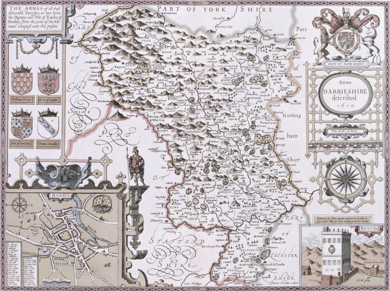 Darbieshire, Jodocus Hondius (1563-1612) metszete, John Speed „Theatre of the Empire of the Great Britain”, kocsma. John Sudbury és George Humble, 1611-12 (kézzel színezett rézmetszet) alkotó: John Speed