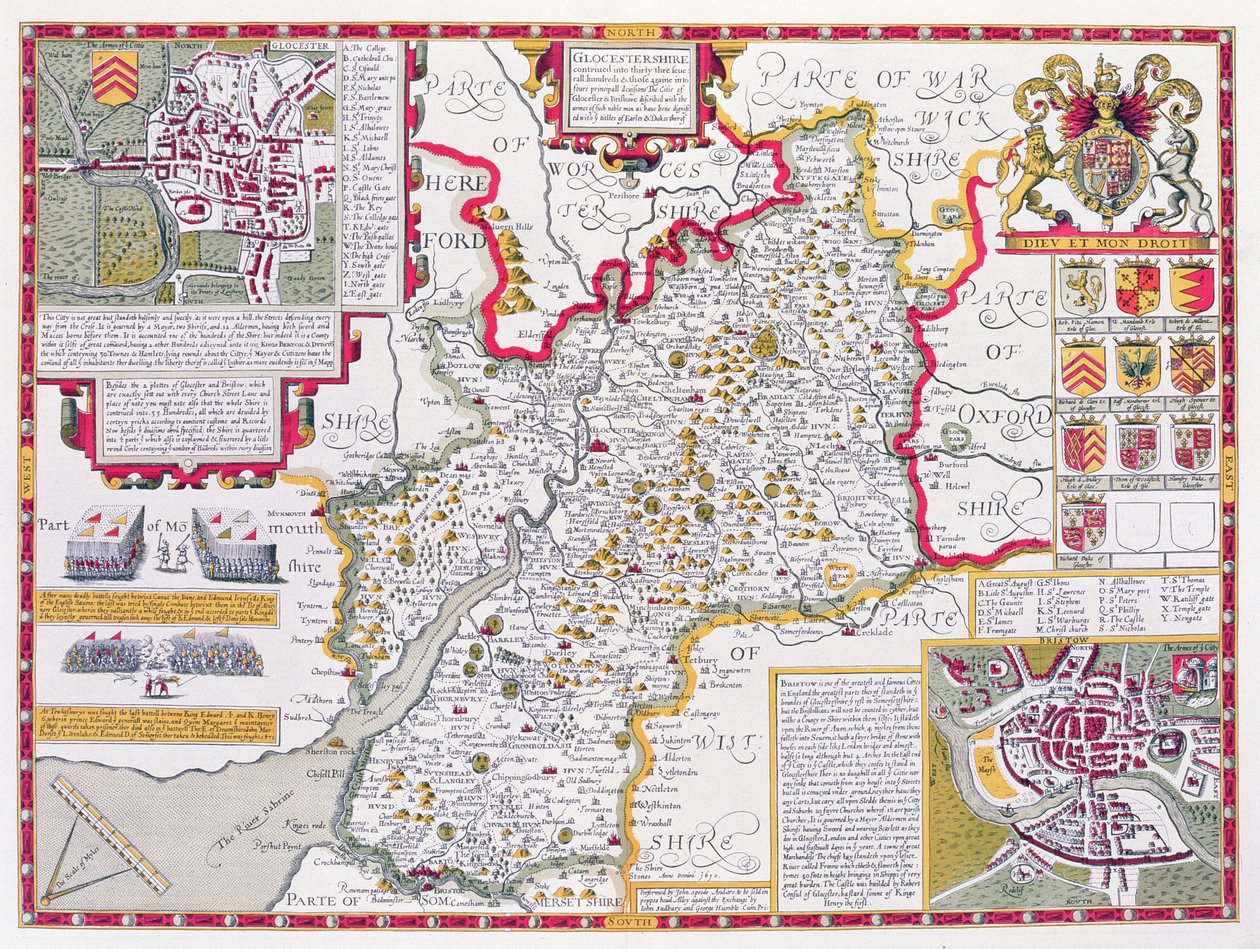 Gloucestershire, Jodocus Hondius (1563-1612) metszete, John Speed „Theatre of the Empire of the Great Britain”, kocsma. John Sudbury és George Humble, 1611-12 (kézzel színezett rézmetszet) alkotó: John Speed