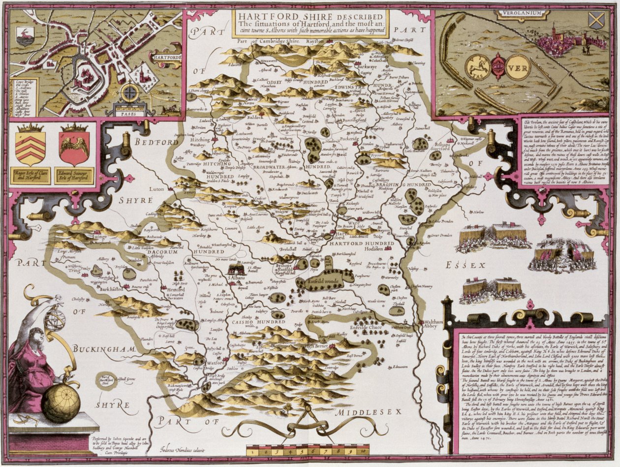 Hartfordshire és Hartford helyzete, Jodocus Hondius (1563-1612) metszete John Speed „Theatre of the Empire of the Great Britain” című kocsmájából. John Sudbury és George Humble, 1611-12 (kéz alkotó: John Speed