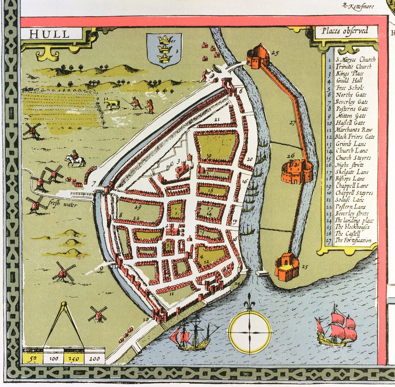 Hull, részlet a Yorkshire-i északi és keleti lovaglás térképéről, amelyet Jodocus Hondius (1563-1612) vésett John Speed „Theatre of the Empire of the Great Britain”, kocsma. írta: John Sudbury és Georg alkotó: John Speed