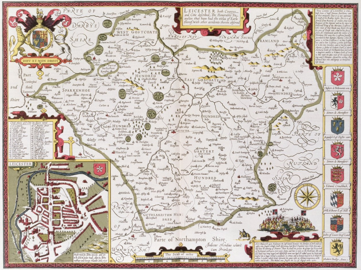 Leicester, Jodocus Hondius (1563-1612) metszete John Speed "Theatre of the Empire of the Great Britain" című kocsmájából. John Sudbury és George Humble, 1611-12 (kézzel színezett rézmetszet) alkotó: John Speed