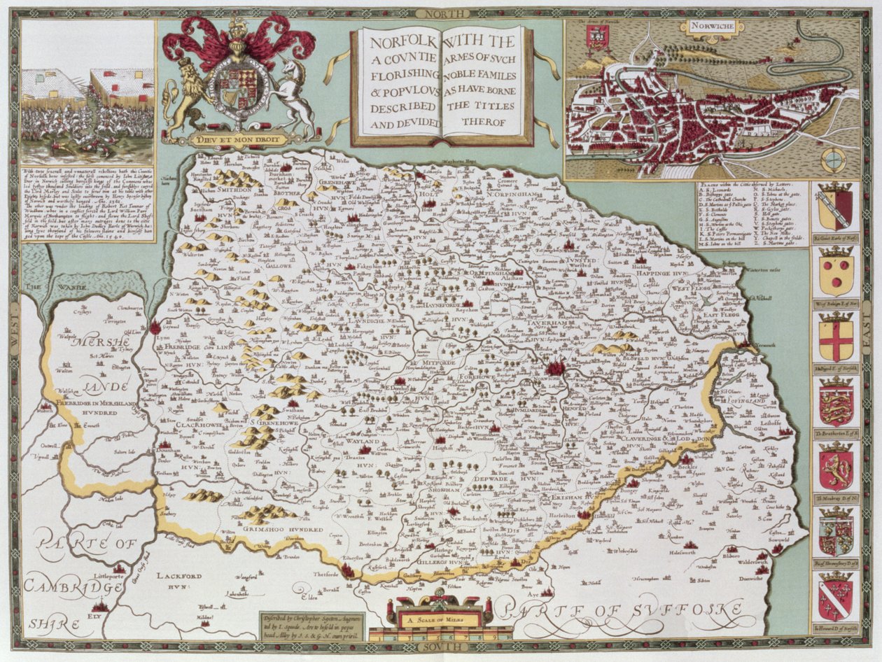 Norfolk, Jodocus Hondius (1563-1612) metszete John Speed "Theatre of the Empire of the Great Britain" című művéből, kocsma. John Sudbury és George Humble, 1611-12 (kézzel színezett rézmetszet) alkotó: John Speed