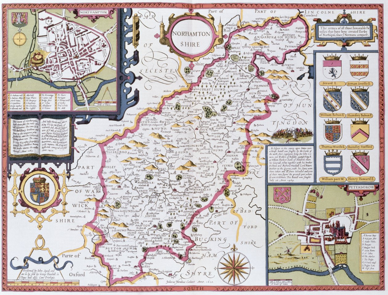 Northamptonshire, Jodocus Hondius (1563-1612) metszete, John Speed „Theatre of the Empire of the Great Britain”, kocsma. John Sudbury és George Humble, 1611-12 (kézzel színezett rézmetszet) alkotó: John Speed