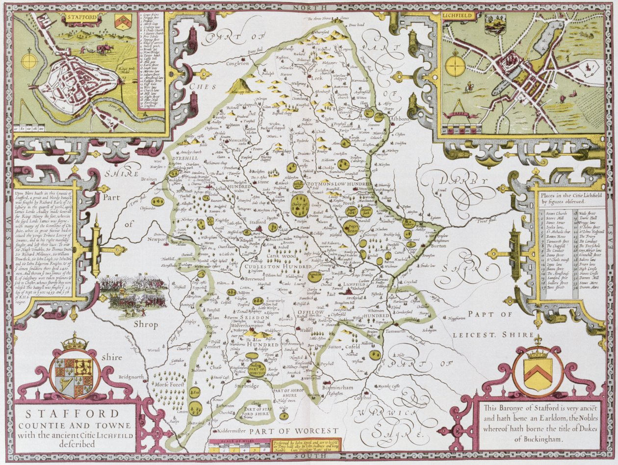 Stafford megye és városa, Jodocus Hondius (1563-1612) metszete John Speed „Theatre of the Empire of the Great Britain” című kocsmájából. John Sudbury és George Humble, 1611-12 (kézzel színezett réz engr alkotó: John Speed