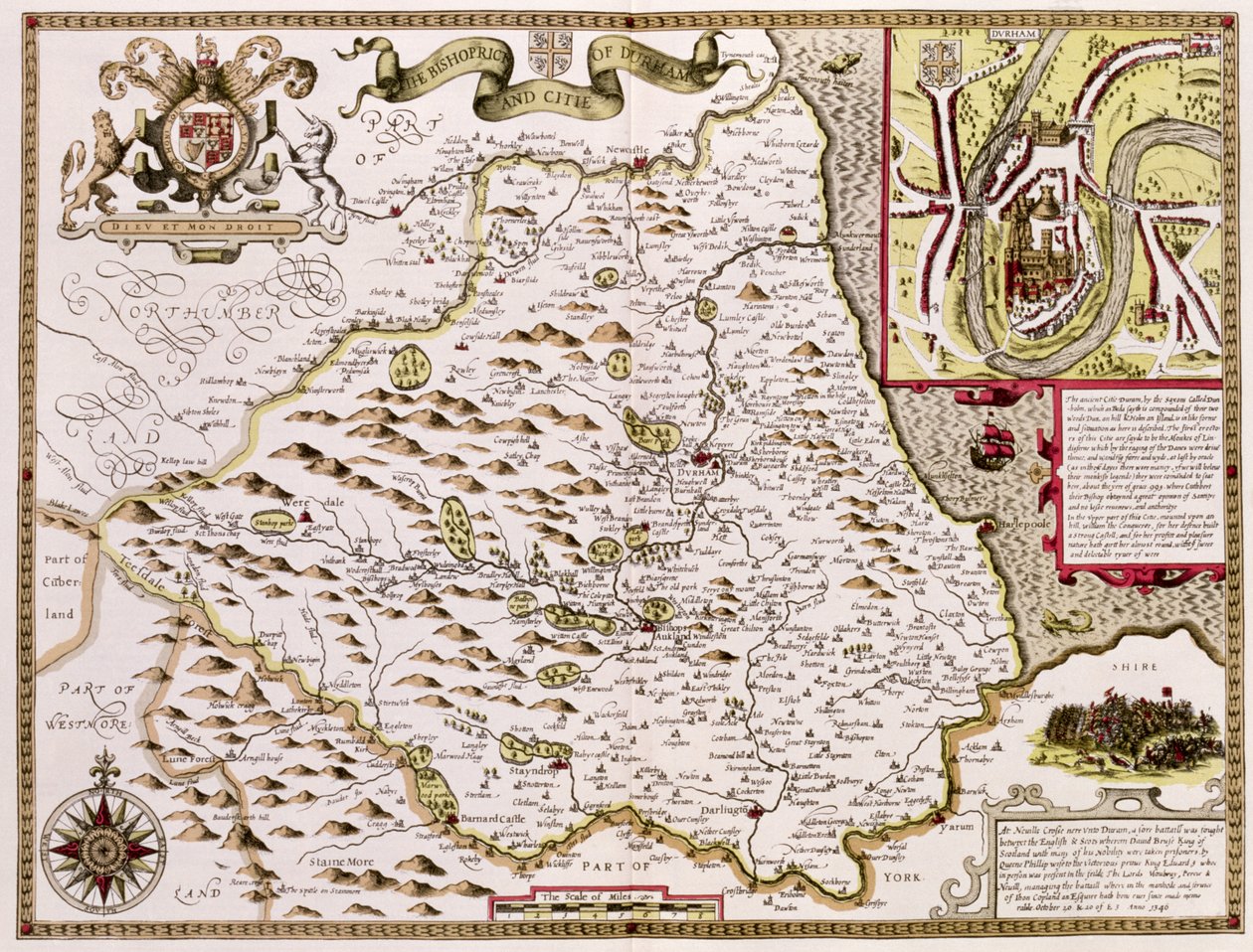 The Bishoprick and City of Durham, Jodocus Hondius (1563-1612) metszete John Speed "Theatre of the Empire of the Great Britain" című kocsmájából. John Sudbury és George Humble, 1611-12 (kézzel színezett co alkotó: John Speed