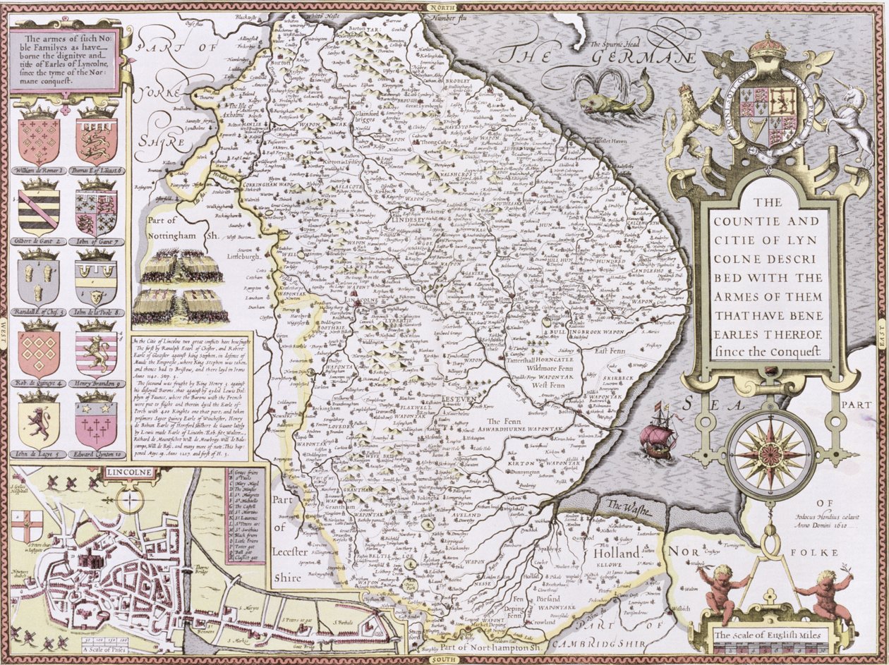 Lyncolne megye és városa, amelyet Jodocus Hondius (1563-1612) metszett John Speed „Theatre of the Empire of Great Britain” kocsmájából. John Sudbury és George Humble, 1611-12 (kézzel színezett co alkotó: John Speed