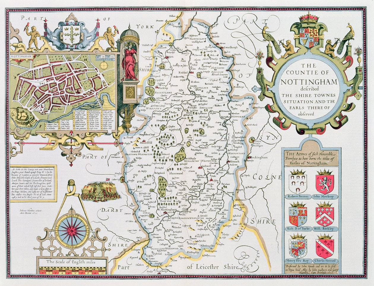 Nottingham megye, amelyet Jodocus Hondius (1563-1612) vésett John Speed "Theatre of the Empire of the Great Britain", kocsma. John Sudbury és George Humble, 1611-12 (kézzel színezett réz eng alkotó: John Speed