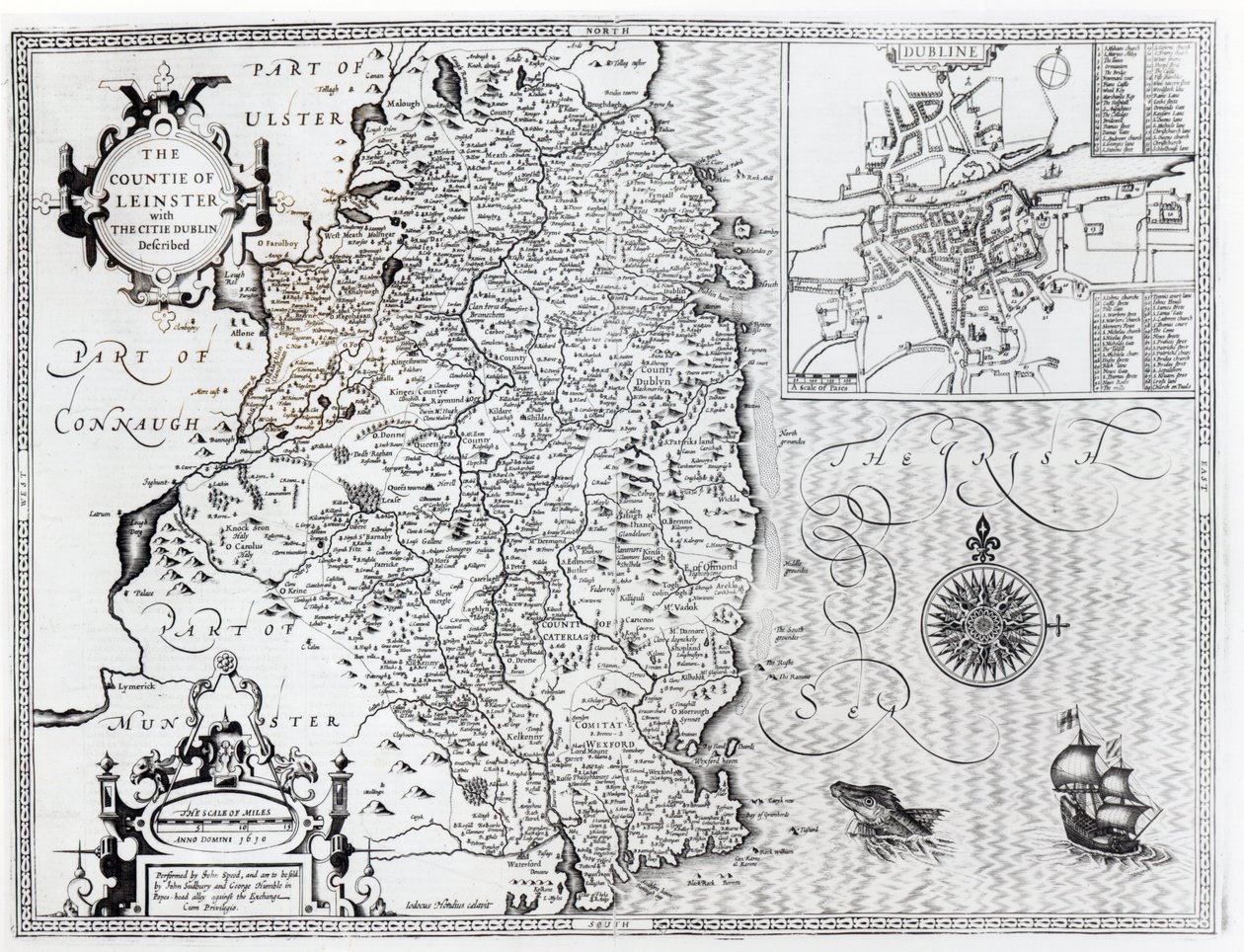 Leinster megye Dublin városával Leírva, vésette Jodocus Hondius (1563-1612), a „Theatre of the Empire of Great Britain”, pub. John Sudbury és George Humble, 1611-12 (engra alkotó: John Speed