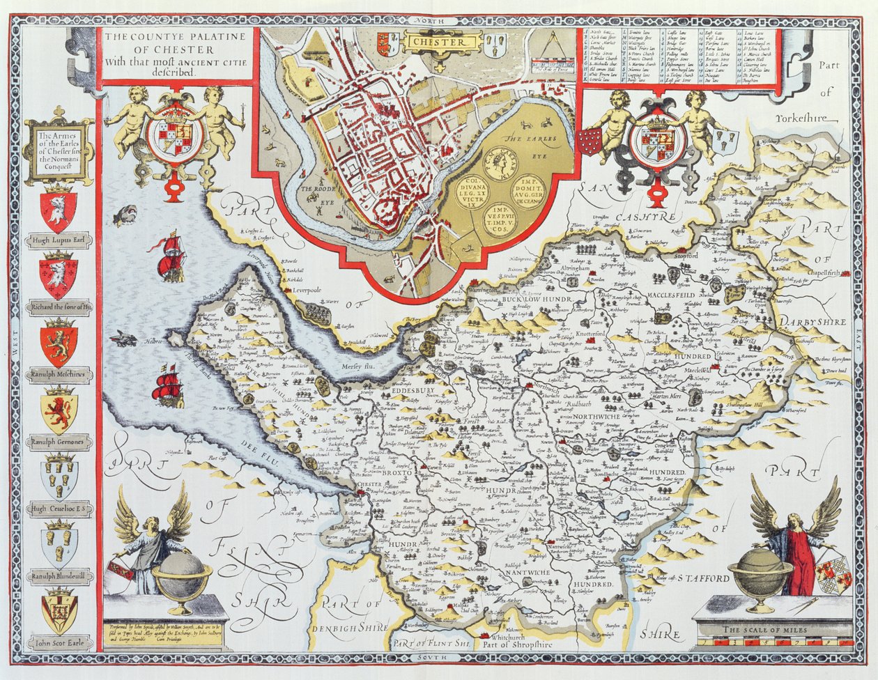 Chester megye Palatine, Jodocus Hondius (1563-1612) metszete John Speed "Theatre of the Empire of the Great Britain" kocsmájából. John Sudbury és George Humble, 1611-12 (kézzel festett zsaru alkotó: John Speed
