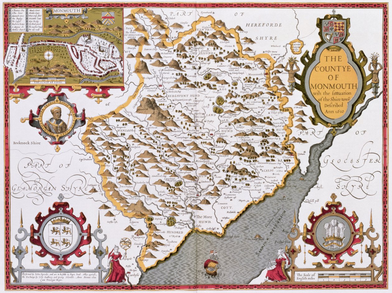 Monmouth megye, amelyet Jodocus Hondius (1563-1612) metszett John Speed „Theatre of the Empire of Great Britain” kocsmájából. John Sudbury és George Humble, 1611-12 (kézzel színezett réz engra alkotó: John Speed