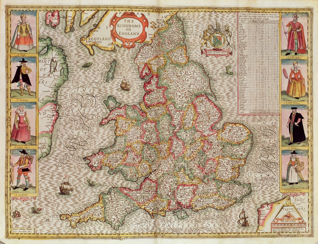 Az angliai királyság, amelyet Jodocus Hondius (1563-1612) metszett John Speed "Theatre of the Empire of Great Britain" című kocsmájából. John Sudbury és George Humble, 1611-12 (kézzel színezett réz engra alkotó: John Speed