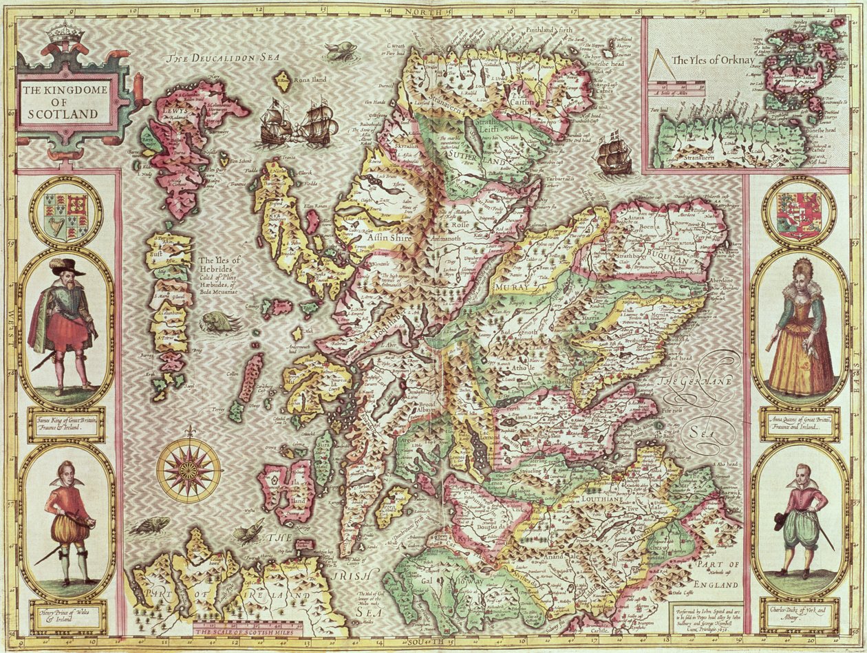 The Kingdome of Scotland, Jodocus Hondius (1563-1612) metszete a Theatre of the Empire of Great Britain-ből, kocsma. John Sudbury és George Humble, 1611-12 (kézzel színezett rézmetszet) alkotó: John Speed