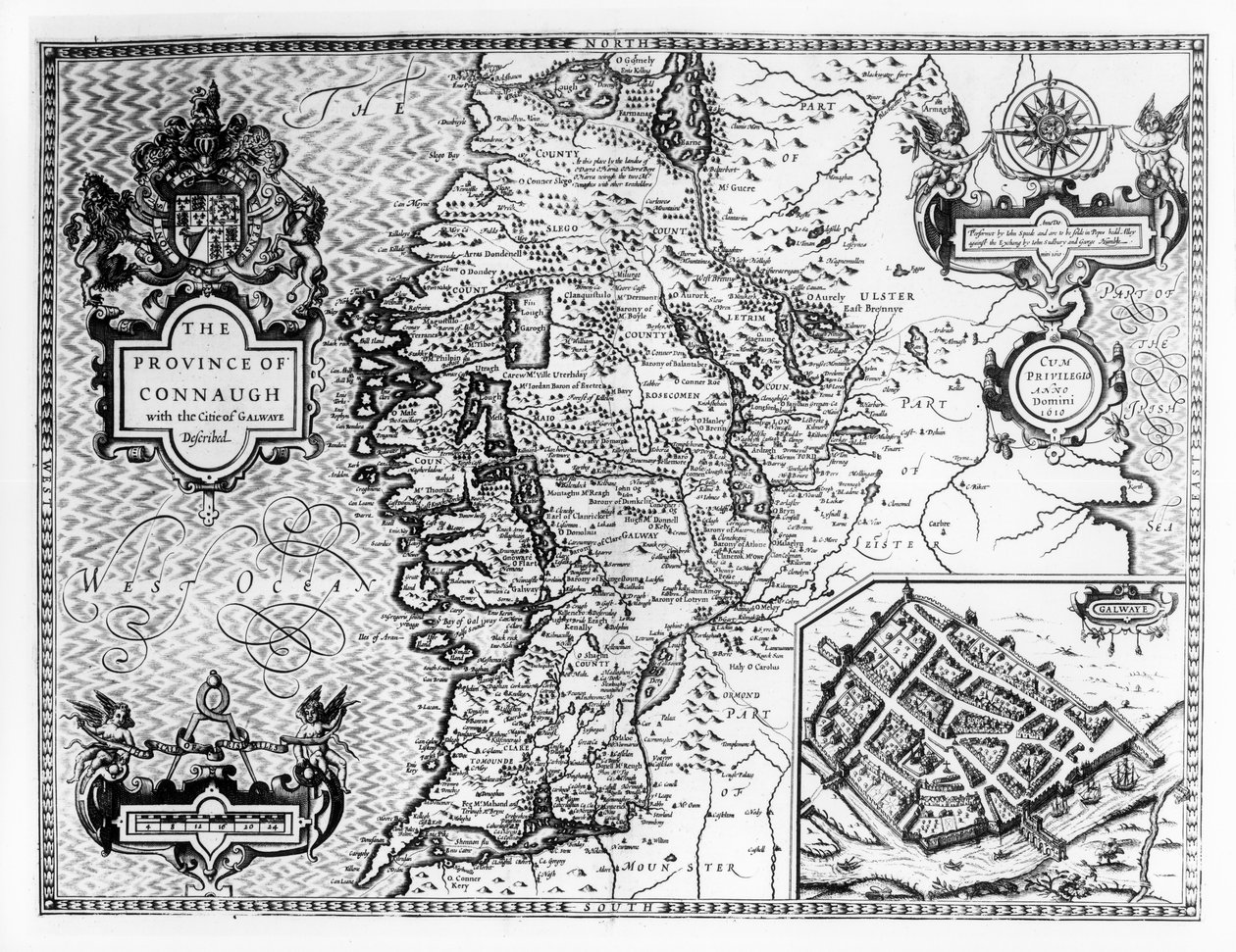 Connaught tartomány Galway városával Leírva, vésette Jodocus Hondius (1563-1612), a „Theatre of the Empire of Great Britain”, pub. John Sudbury és George Humble, 1611-12 (en alkotó: John Speed