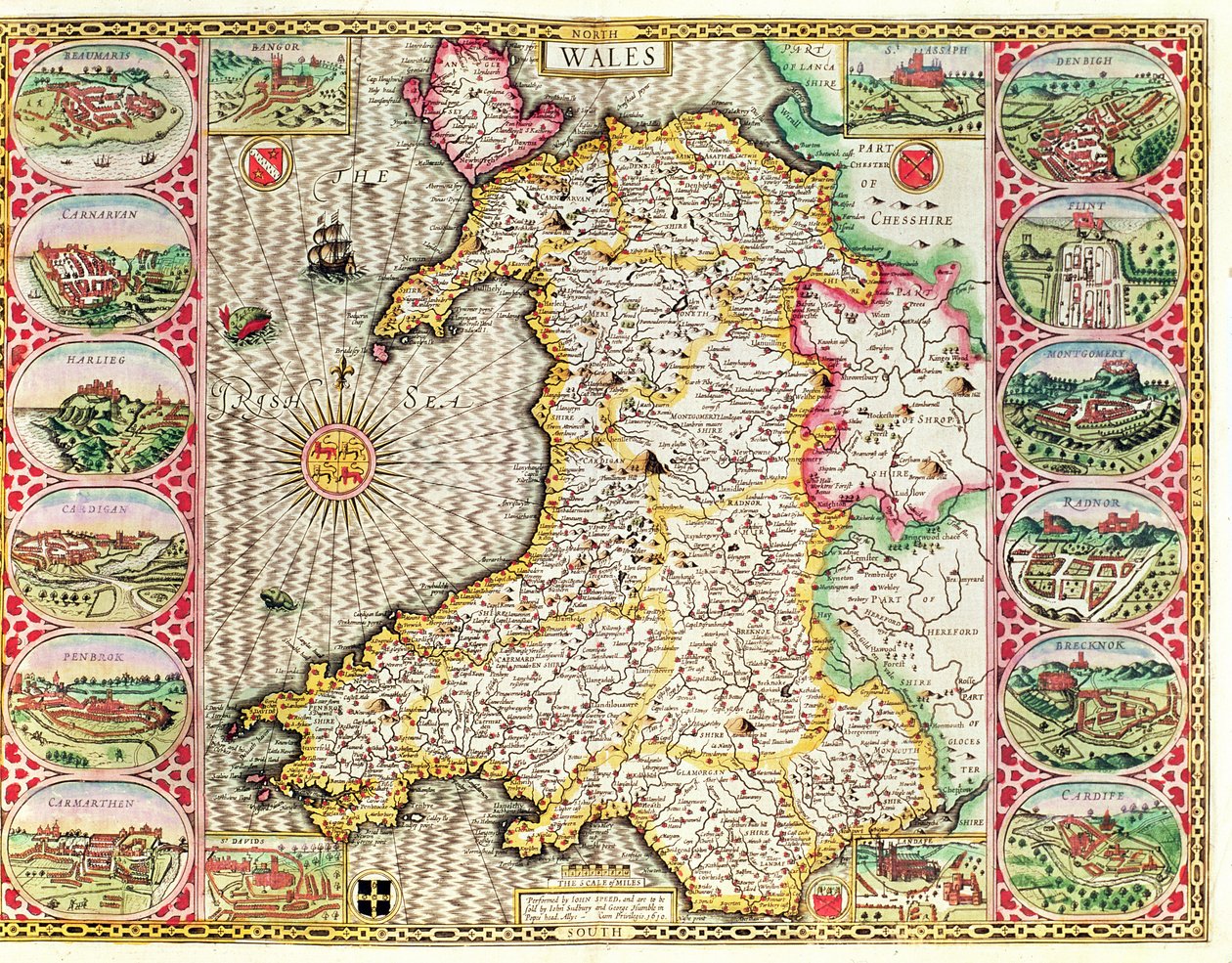 Wales, Jodocus Hondius (1563-1612) metszete John Speed „Theatre of the Empire of the Great Britain” című művéből, John Sudbury és George Humble kiadásában, 1611-12 (kézzel színezett rézmetszet) alkotó: John Speed